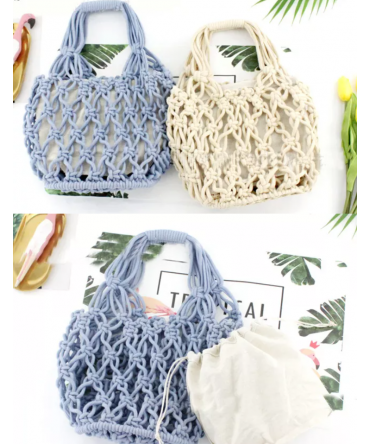 Factory small fashion summer beach bucket bags women cotton mesh handbags ladies