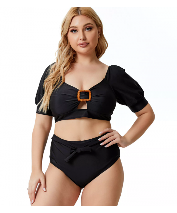 Short Sleeve Two Piece Set Sexy Bikini Plus Size Solid Color Swimwear For Fat Women