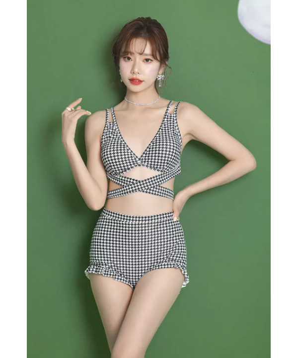 2022 New Korean Japan Print Cross High Waist Lady Beachwear Gauze Cover Up Sweet Swimwear For Women