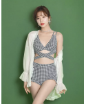 2022 New Korean Japan Print Cross High Waist Lady Beachwear Gauze Cover Up Sweet Swimwear For Women