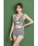 2022 New Korean Japan Print Cross High Waist Lady Beachwear Gauze Cover Up Sweet Swimwear For Women