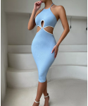 Cut and cut contrast binding neck neck open back hollow women's tight dress