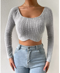 Fashionable women's sexy long sleeved low cut sweater Pullover casual knitting slim gray threaded top