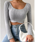 Fashionable women's sexy long sleeved low cut sweater Pullover casual knitting slim gray threaded top