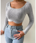 Fashionable women's sexy long sleeved low cut sweater Pullover casual knitting slim gray threaded top