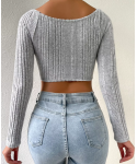 Fashionable women's sexy long sleeved low cut sweater Pullover casual knitting slim gray threaded top