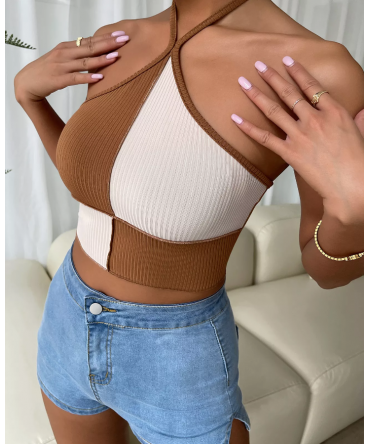 Fashionable sexy stitching rib knitting elastic Street Neck Tank Top Women's simple casual sleeveless top