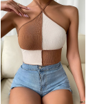 Fashionable sexy stitching rib knitting elastic Street Neck Tank Top Women's simple casual sleeveless top