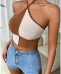 Fashionable sexy stitching rib knitting elastic Street Neck Tank Top Women's simple casual sleeveless top