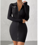 Fashionable solid color Lapel tight long sleeve skirt zipper letter printed women's sportswear dress