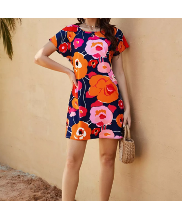 Women's clothes wholesale custom sexy fashion printed straight round neck short sleeve printed Mini women's dress